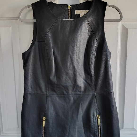 Michael Kors Faux Leather Black Mini Dress w Gold Zippers 8 - Picture 2 of 9